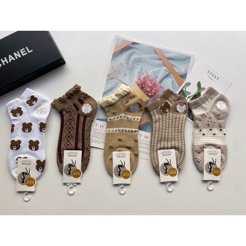 Tất Nữ Cotton Cổ Cao Ngang Mắt Cá Chân Họa Tiết Gấu Dễ Thương, Tất Vớ Nữ Siêu Xinh