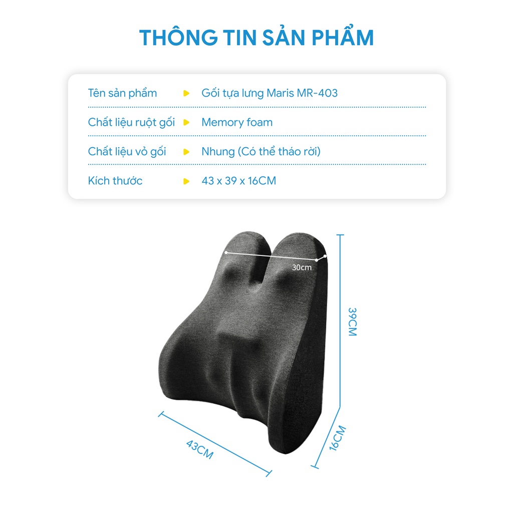 Gối Tựa Lưng Ghế Văn Phòng Cao Su Non MARIS Mr - 403 Công Thái Học Chống Đau Mỏi Thắt Lưng Size 43 x 39 x 16 Cm