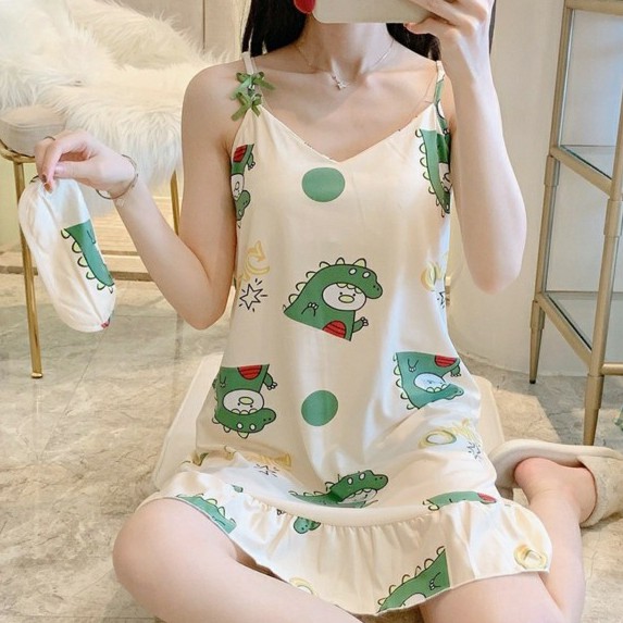 (Nhiều màu )Váy ngủ Hai Dây Cute Xếp Li Có Đệm Ngực D02 Hoa Quả Siêu Yêu (Tặng kèm bịt mắt )