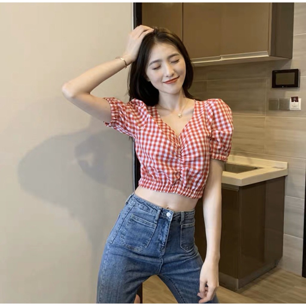 [HÌNH THẬT ÁO CROPTOP ÔM BODY NGẮN CO GIÃN - ÁO KIỂU CRT ULZANG NGẮN TAY CARO 119