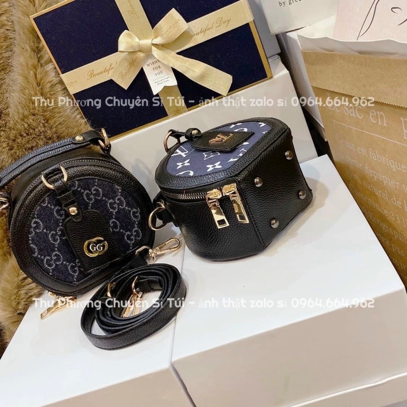Cốp mini tròn l.v - g.g size 15 chất da cao cấp kèm dây đeo chéo (ảnh thật shop chụp)
