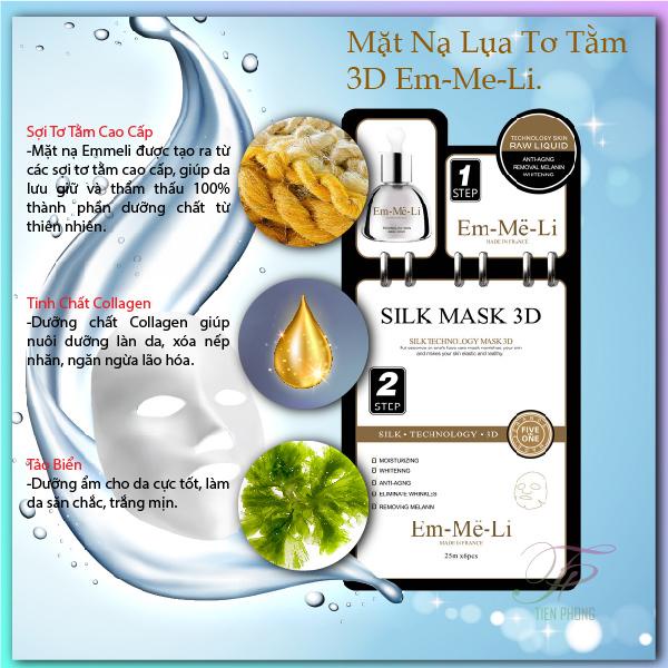 Mặt nạ dưỡng trắng cao cấp 2 trong 1 lụa tơ tằm 3D Chống Lão Hóa EM-ME-LI Silk Mask 30ml