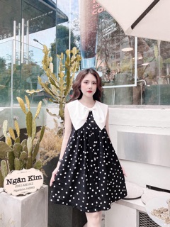 váy chấm bi cổ nơ trắng