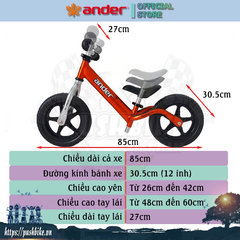 Xe thăng bằng cho bé Ander Plus - Hợp kim nhôm Aluminium, sơn anod hóa nhôm, nặng 1.9kg