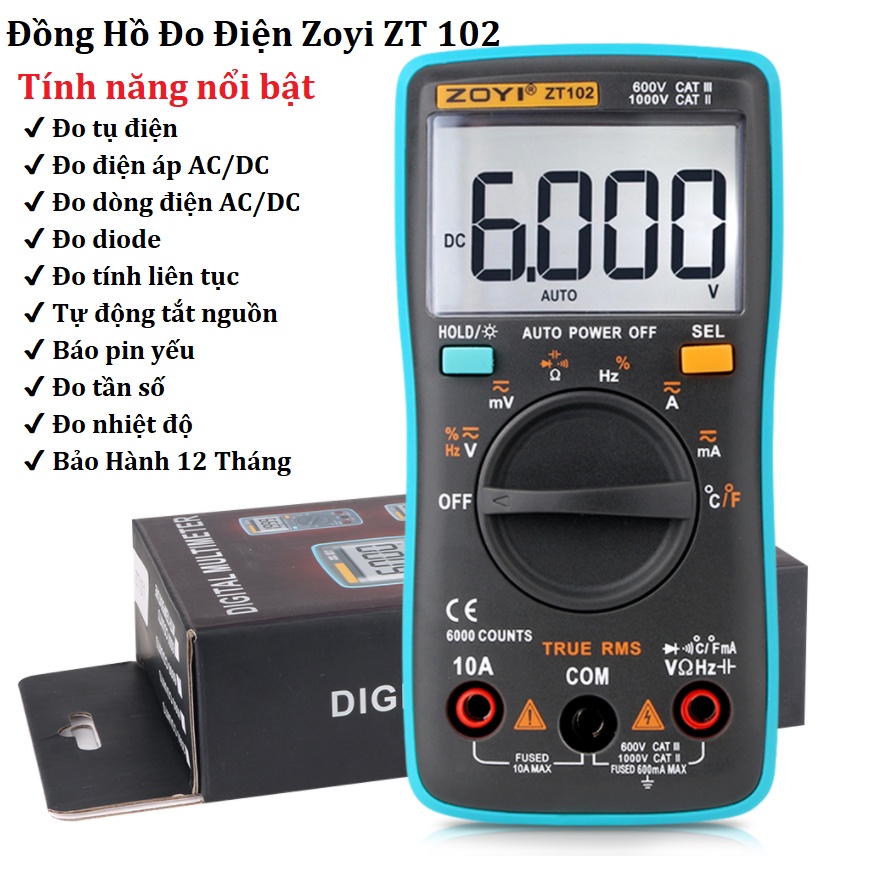 Đồng Hồ Đo Vạn Năng ZOYI ZT102 AC/DC Điện Áp Nhiệt Độ Ohm Diode Tần Số - Nhỏ Gọn - Nhiều Chức Năng - Tặng Kèm Pin BH12T