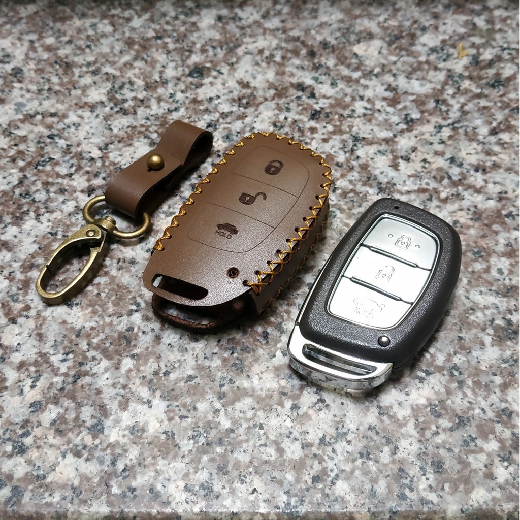 Bao da chìa khóa thông minh Hyundai I10, Elantra, Tucson 2015, Sonata 2017 smartkey 3 nút bò handmade