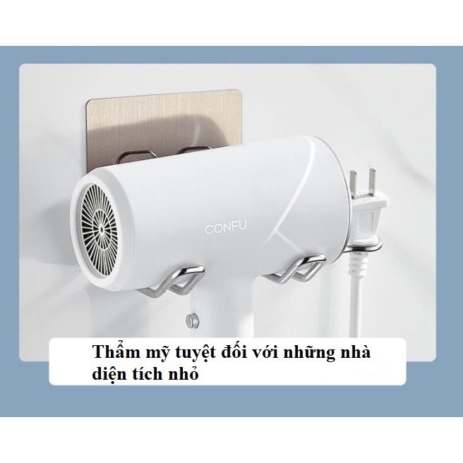 Giá, kệ treo máy sấy tóc - kèm móc treo phích cắm điện - dán tường tiện lợi - Inox 304