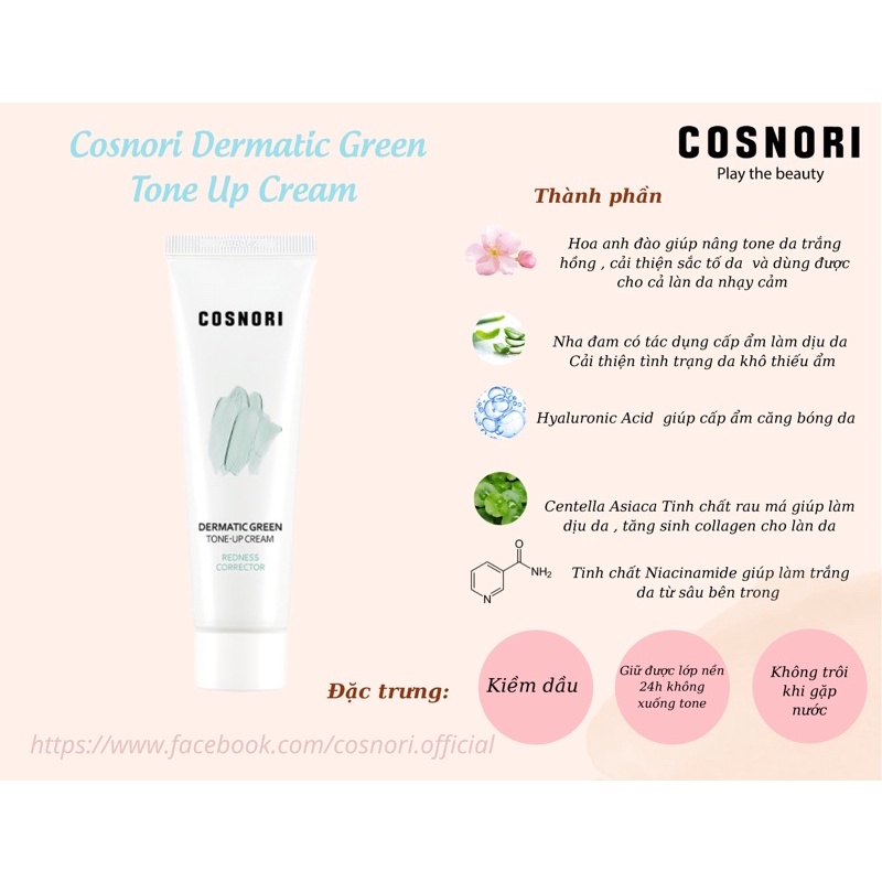 Kem dưỡng trắng nâng tone da Tone-up Cosnori Dermatic Green Cream 50ml