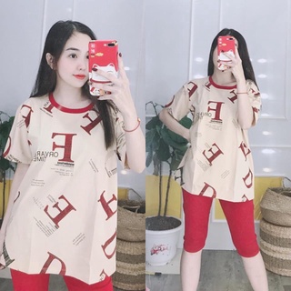 Đồ bộ mặc nhà nữ, sét đồ mặc nhà chất liệu cotton lửng in chữ có size 40-75kg CT30 ảnh thật