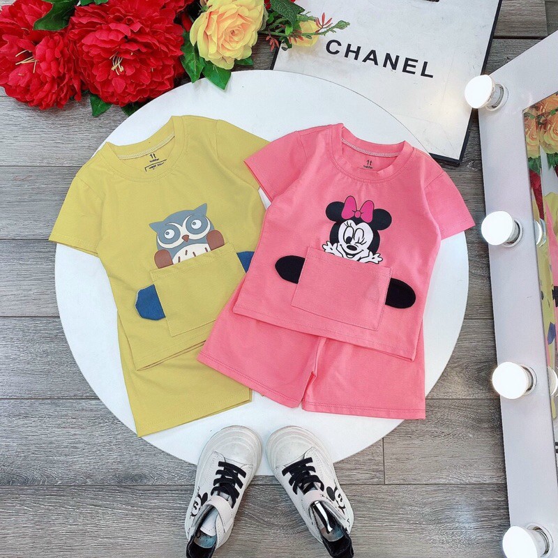 [Mã FASHIONT4FA2 giảm 10K đơn 50K] Bộ Quần Áo Cộc Tay Cho Bé Chất Cotton Cao Cấp Túi Trước Hình Đáng Yêu