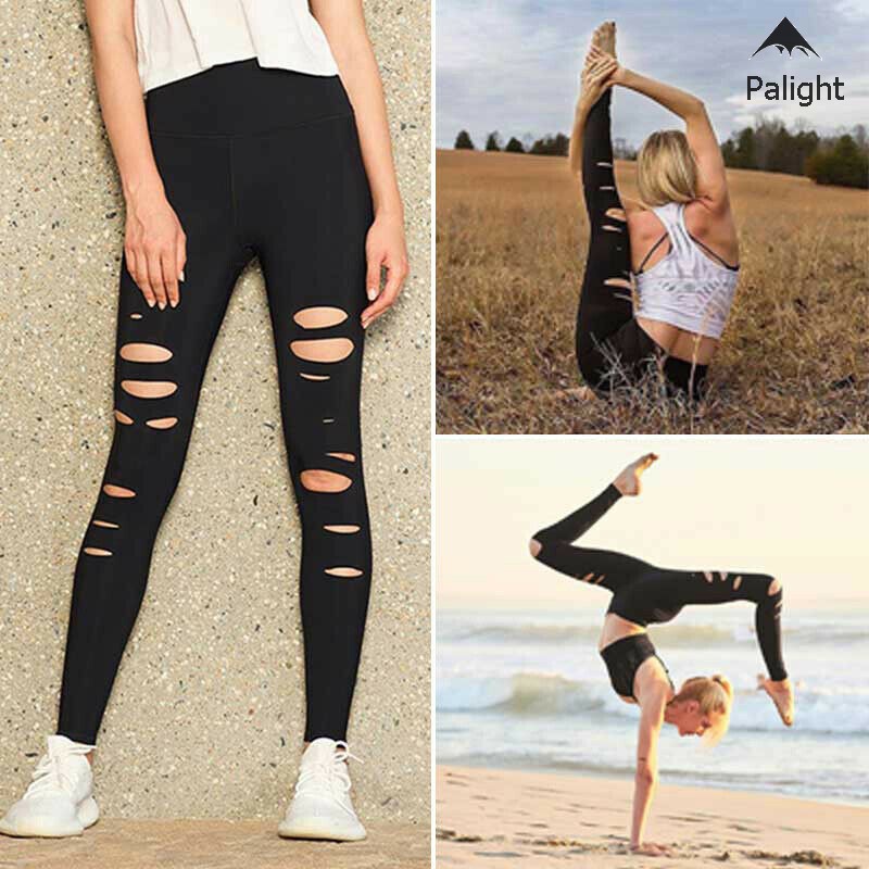 Quần Legging Thể Thao Lưng Cao Thiết Kế Rách Cá Tính Cho Nữ