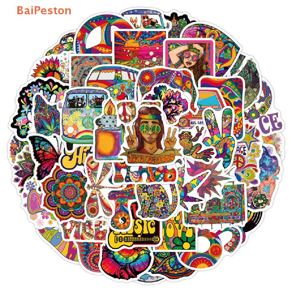 Set 50 Miếng Dán Nghệ Thuật Hippie Cổ Điển Trang Trí Ván Trượt / Laptop / Tủ Lạnh