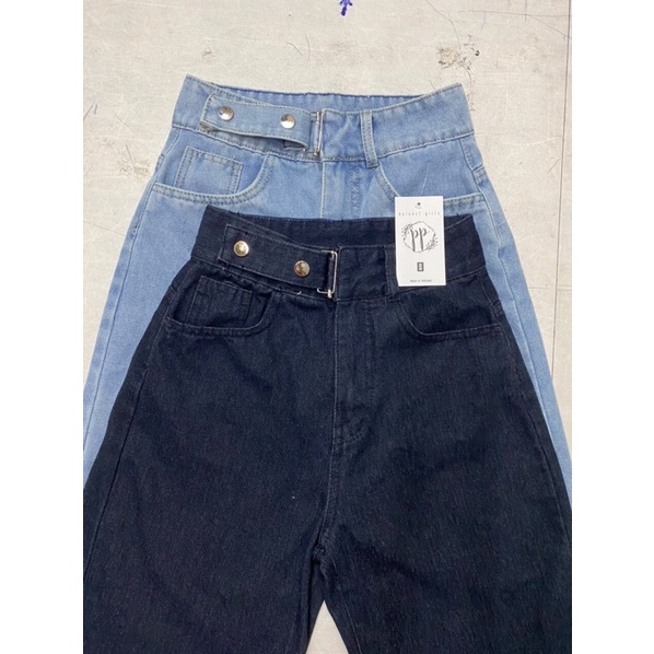 Quần baggy jean ống rộng suông dài nút chỉnh eo