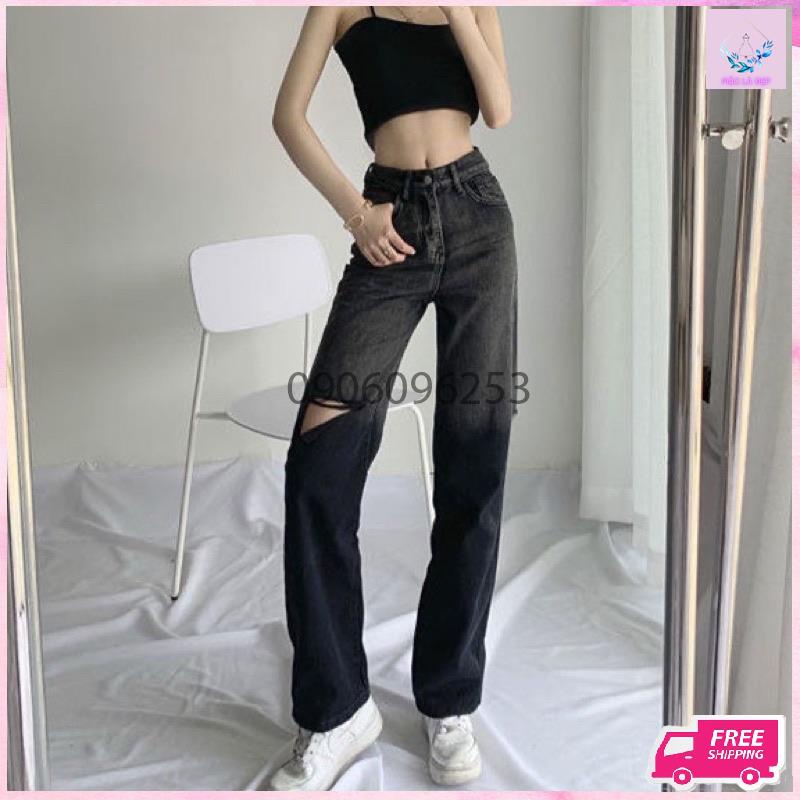 quần jean ống suông rách gối loang màu hàng quảng châu cao cấp