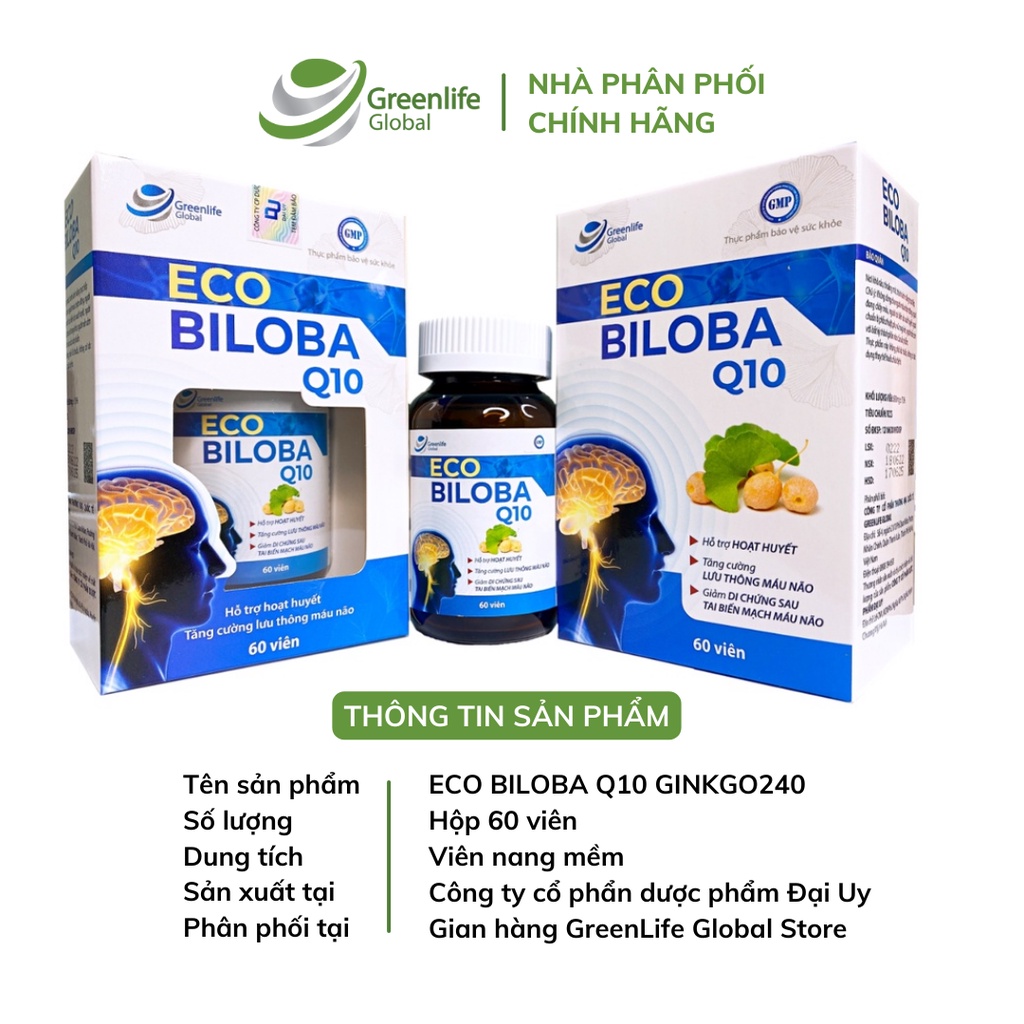 Viên uống bổ não GrnLife Eco Biloba Q10 Ginkgo 240mg - Lưu thông, tuần hoàn máu não (60 viên nang mềm)