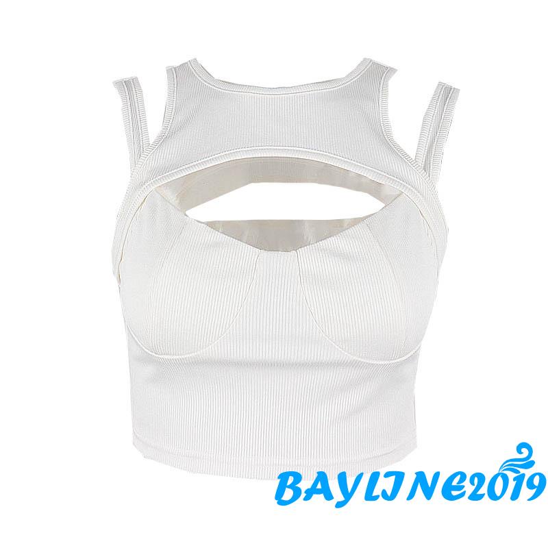 Bay-Women Casual Crop Tops, Solid Color Hollow Out Slim Fit Sleeveless Patchwork Vest