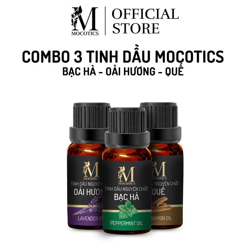 Tinh dầu xông phòng, đuổi muỗi và khử mùi thiên nhiên Mocotics gồm 3 lọ tinh dầu: Tinh dầu bạc hà + oải hương + vỏ quế