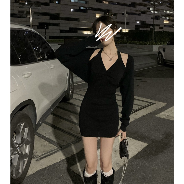 Cocory vn Đầm Mini Màu Đen Cổ Yếm Quyến Rũ Hợp Thời Trang Cho Nữ