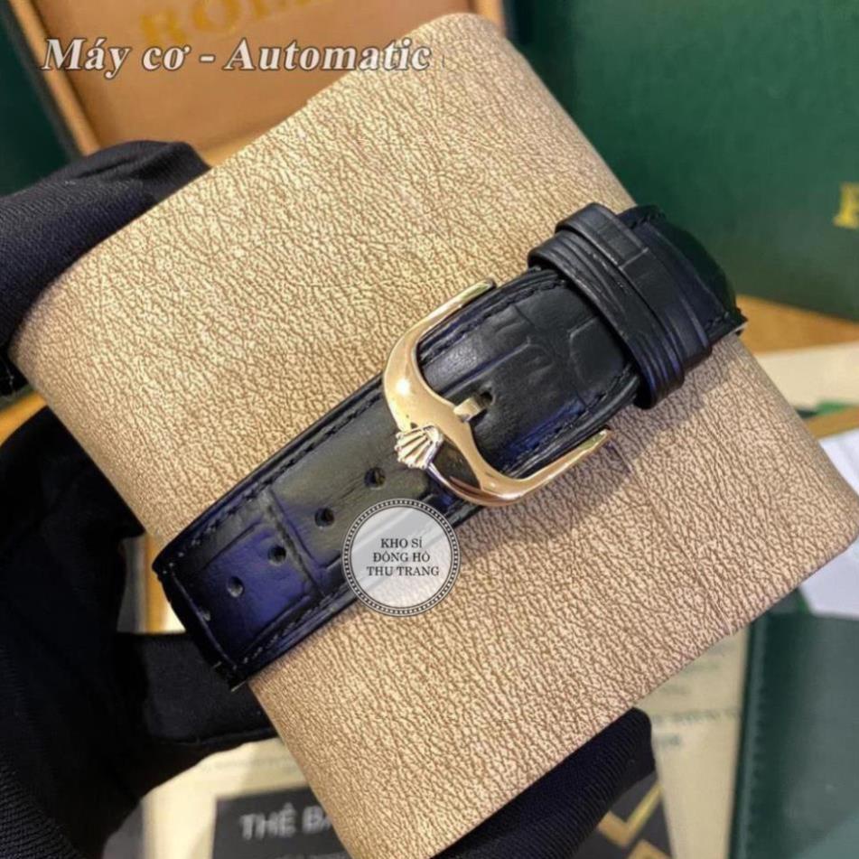 Đồng hồ Nam Rolex máy nhật, mẫu 3kim cắt vát mặt đen viền vàng dây da, dòng cơ Automatic size 40mm-41mm