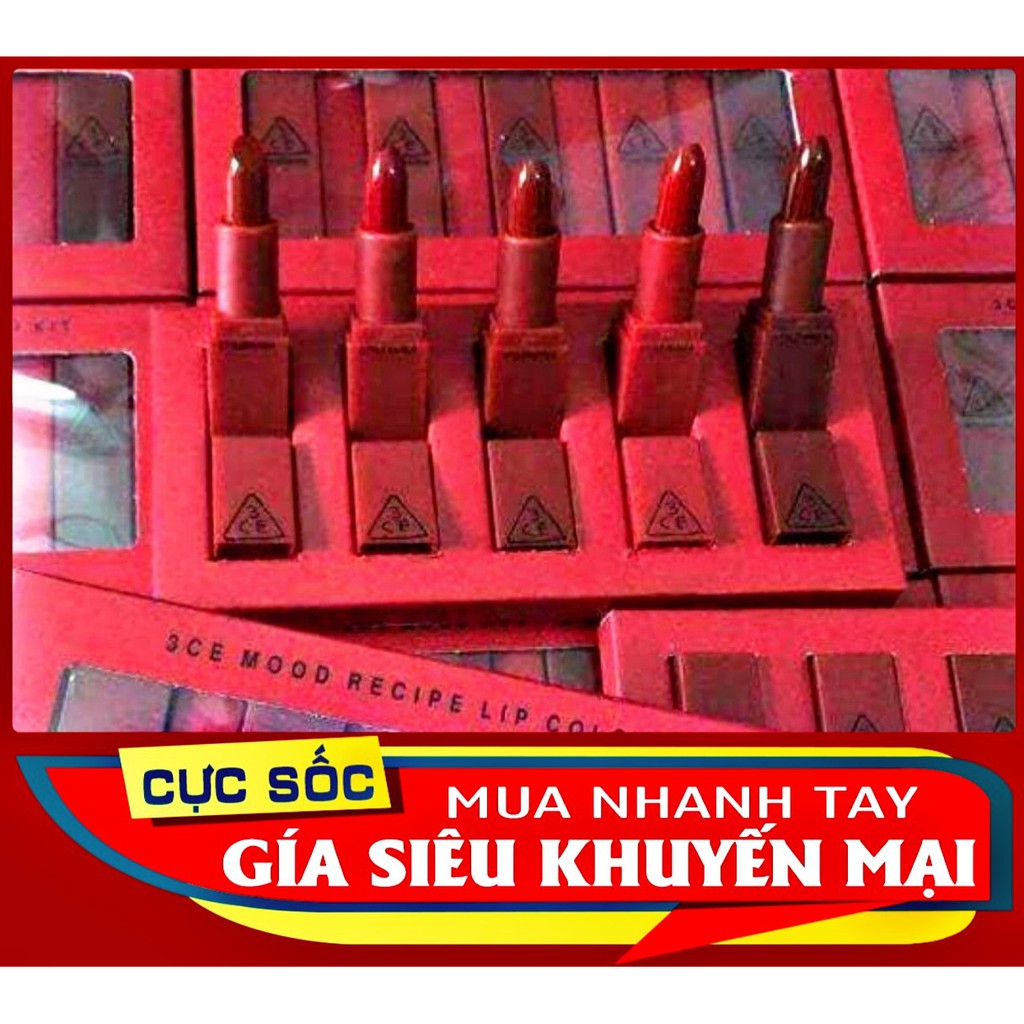 Set Son Lì 3CE Mini [FREE SHIP, TẶNG 3 CHAI DẦU THƠM] Free ship Sở Hữu Ngay Set 5 Cây Son Lì 3CE Red Recipe Mini Lip Kit