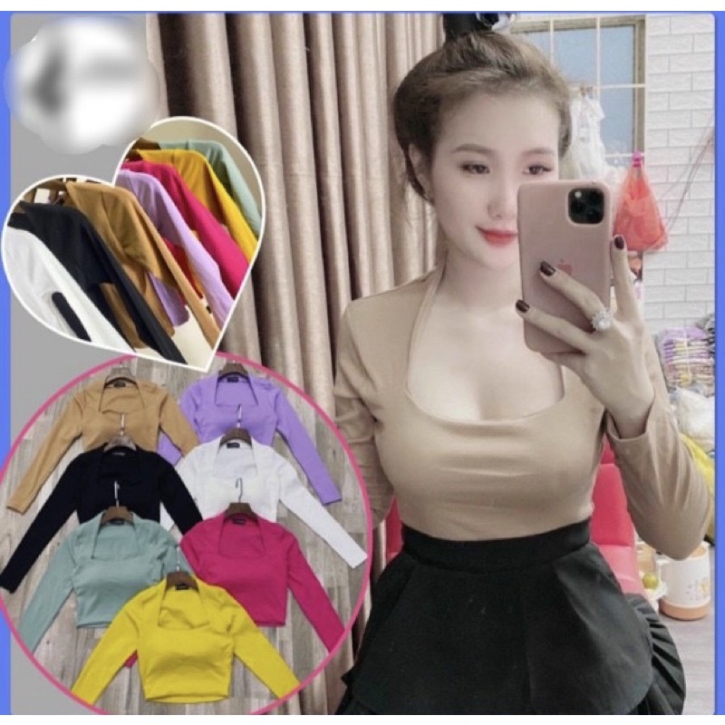 Áo kiểu cổ vuông tay dài có mút ngực  0011
