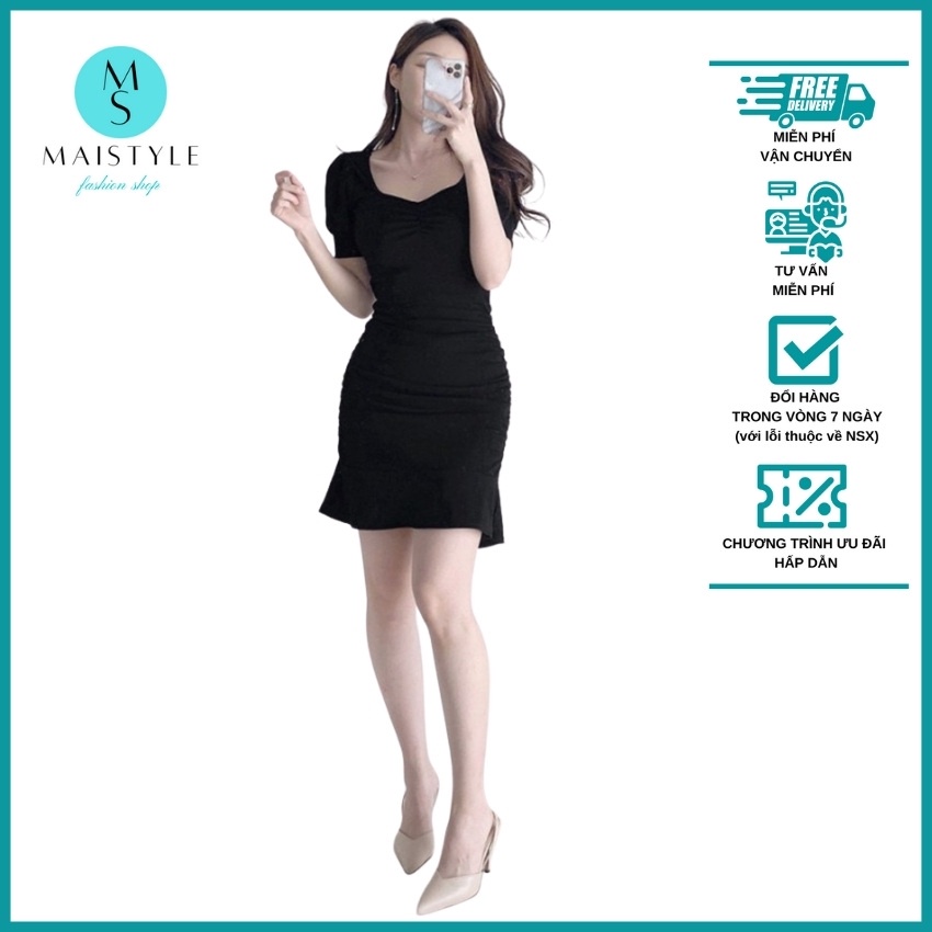 Váy MAISTYLE Đầm ôm body sexy dự tiệc cổ vuông công sở đen tay phồng thiết kế sang chảnh nhún eo cá tính thun MY1101 | BigBuy360 - bigbuy360.vn