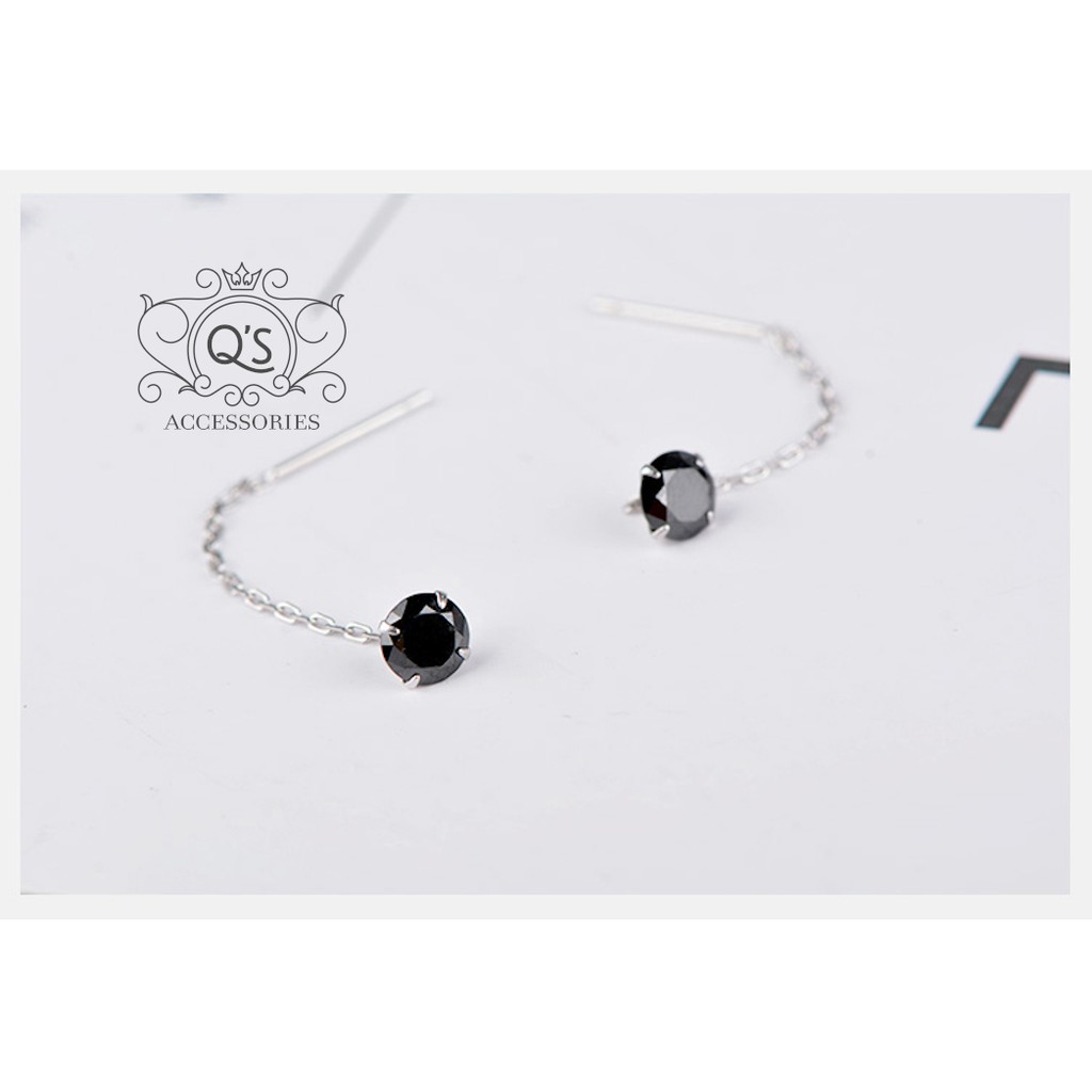 Khuyên tai bạc dài nụ đá 4 chấu bông tai sợi mảnh đen trắng S925 CHAIN Silver Earrings QA SILVER EA200701