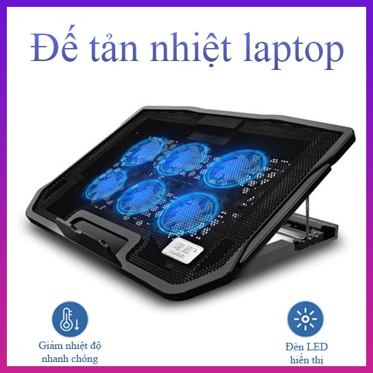 Đế tản nhiệt laptop từ 14 đến 17 inch, làm mát nhanh với 6 quạt , đèn led, đế nâng 45' - K1305