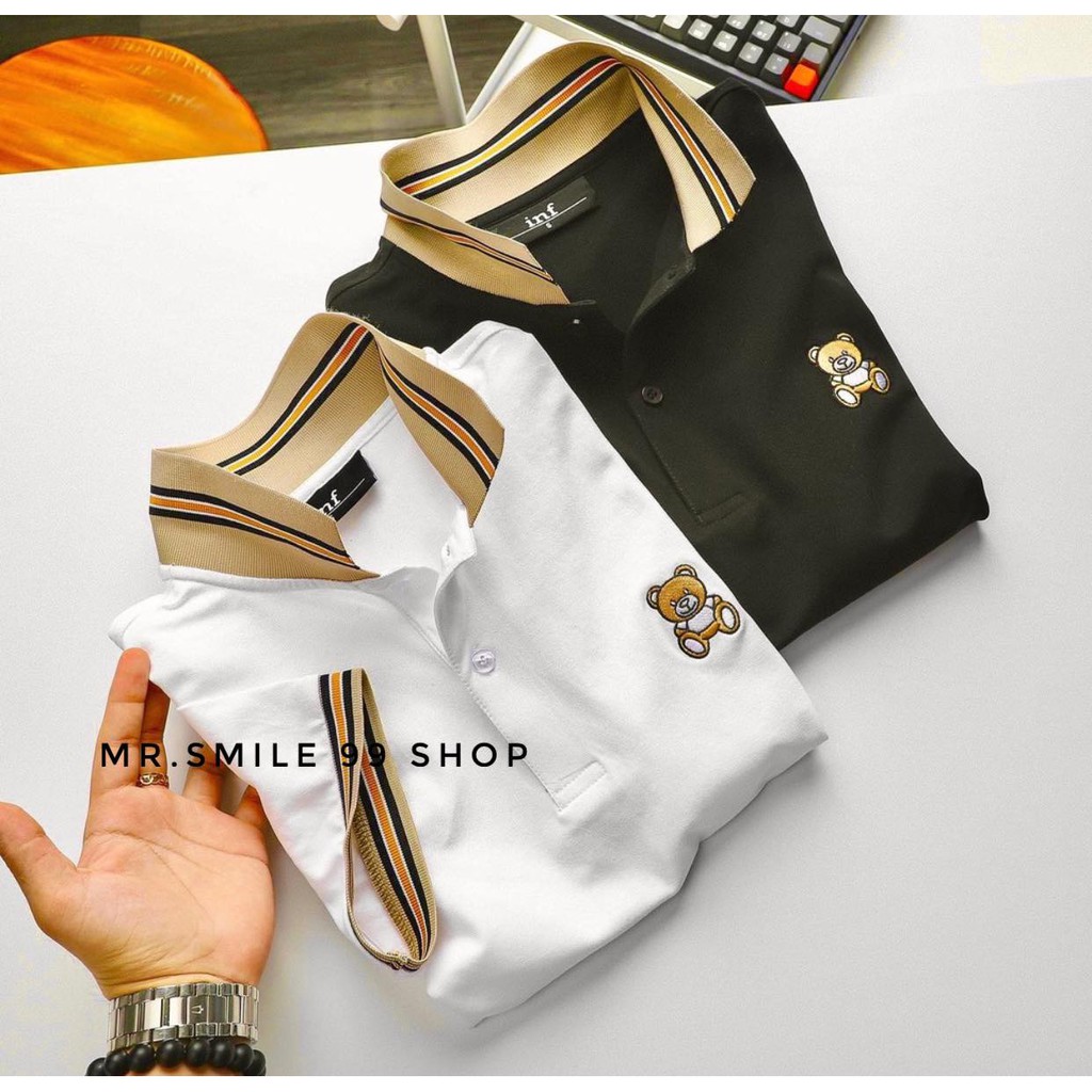 ÁO THUN POLO BASIC TRẮNG ĐEN CỔ BẺ THÊU GẤU MR SMILE 99 SHOP