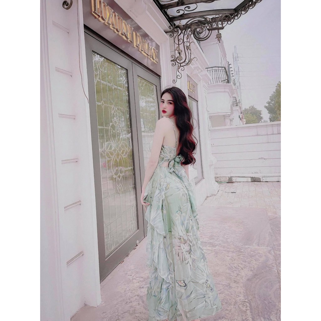 Đầm Maxi 2 Dây, Đuôi Bèo Xòe, Chíp Eo Nơ Lưng, Họa Tiếc hoa (ECH005) - Vải Voan - 2 Màu Xanh, Nude - Thích hợp Đi Chơi | BigBuy360 - bigbuy360.vn