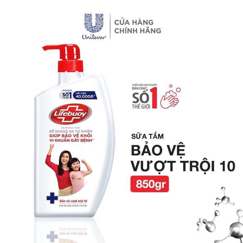 Sữa tắm Lifebuoy Bảo vệ vượt trội 10 giành cho cả gia đình Chai 850ML