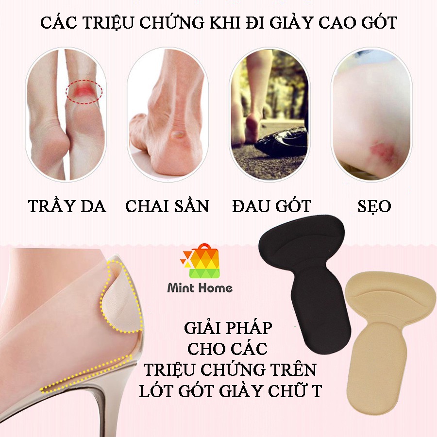 Miếng lót gót giày cao gót nữ, thể thao chống rộng, bảo vệ gót chân, tăng size chống đau chân loại 4D chữ T (bộ 2 cái)