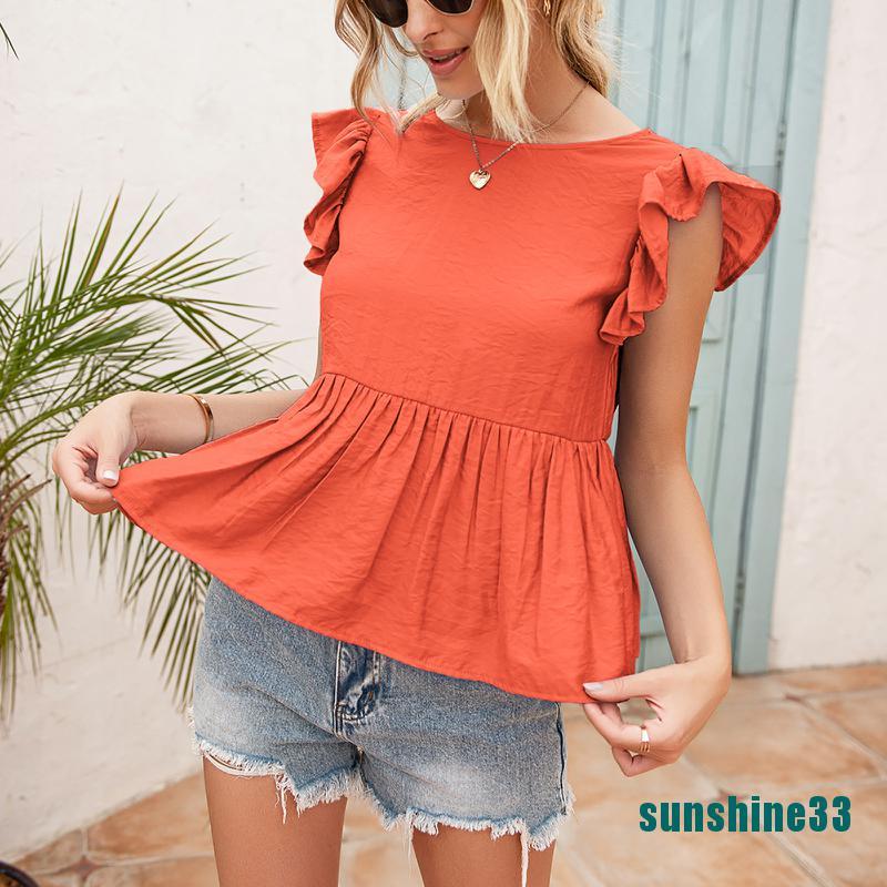 (Mới) Áo Peplum Tay Ngắn Dáng Rộng Viền Bèo Cho Nữ