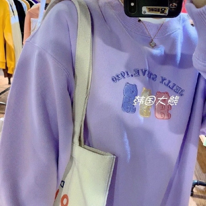 Áo sweater nữ form rộng cổ tròn thêu gấu, Áo hoddie nỉ bông thời trang thu đông phông cách Ulzzang | BigBuy360 - bigbuy360.vn