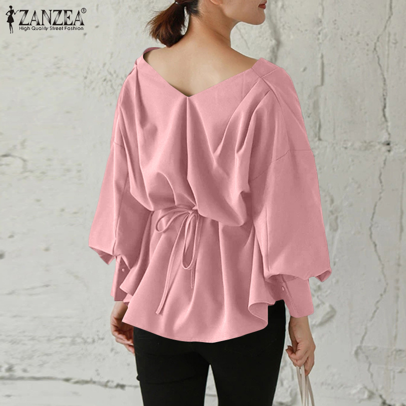 Áo ZANZEA tay dài ống phồng cổ chữ V màu trơn phối dây buộc thời trang cho nữ