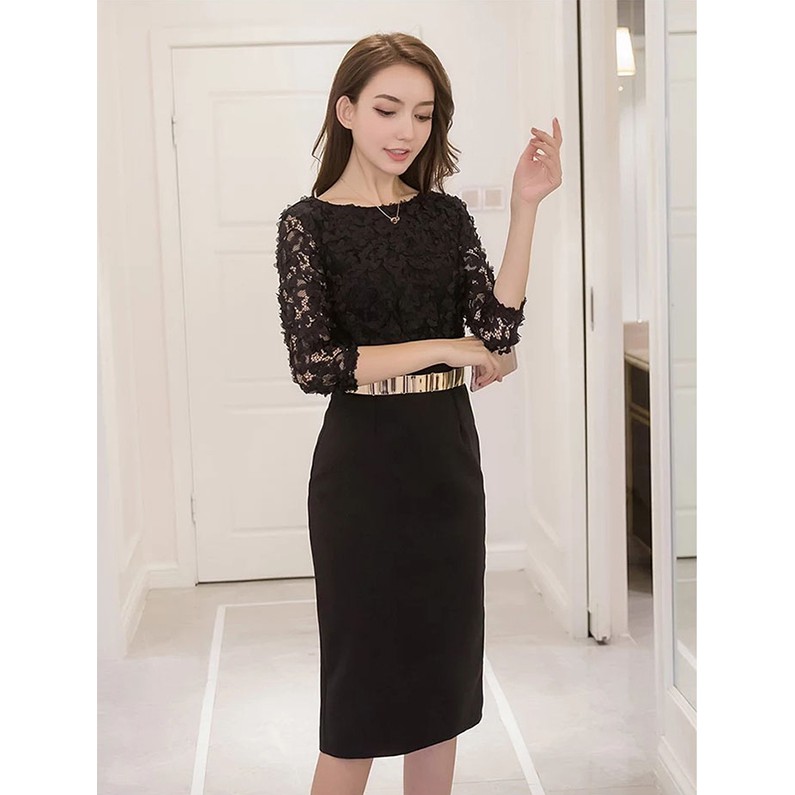 Đầm suông phối ren hoa nổi