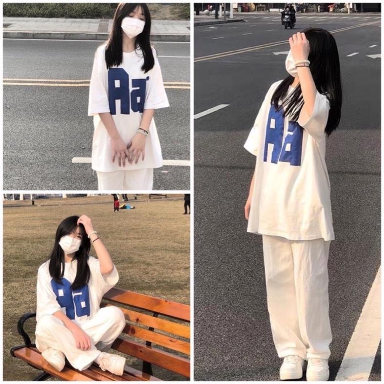 [NEW] Sét bộ áo thun chữ Aa quần kaki ống rộng trắng, bộ áo phông cộc tay quần culottes suông Ulzzang cute 2 màu