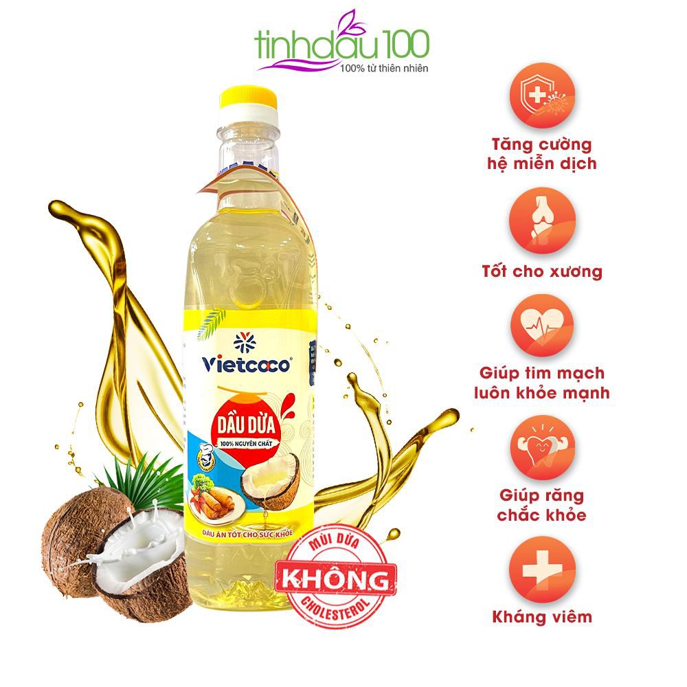 Dầu dừa nấu ăn VietCoco không Cholesterol, tốt cho tim mạch, nguyên chất 100% từ cơm dừa 1 lít Tinh Dầu 100 Shop