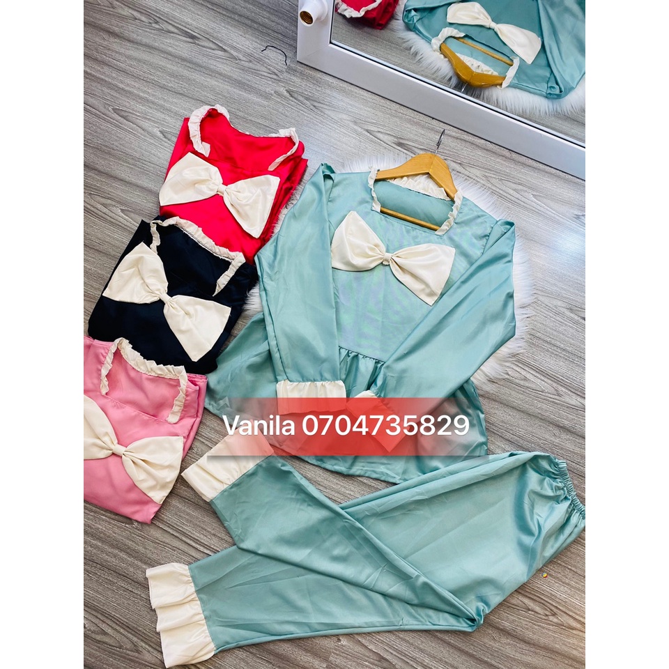 ĐỒ Ngù Pijama Quần Dài-Tay Dài mẩu nơ cute Bộ Mặc Nhà Kate Thái Cao Cấp Hàng Loại 1 Mềm Mại,  Thầm Hút Mồ Hôi 40ky-60ky