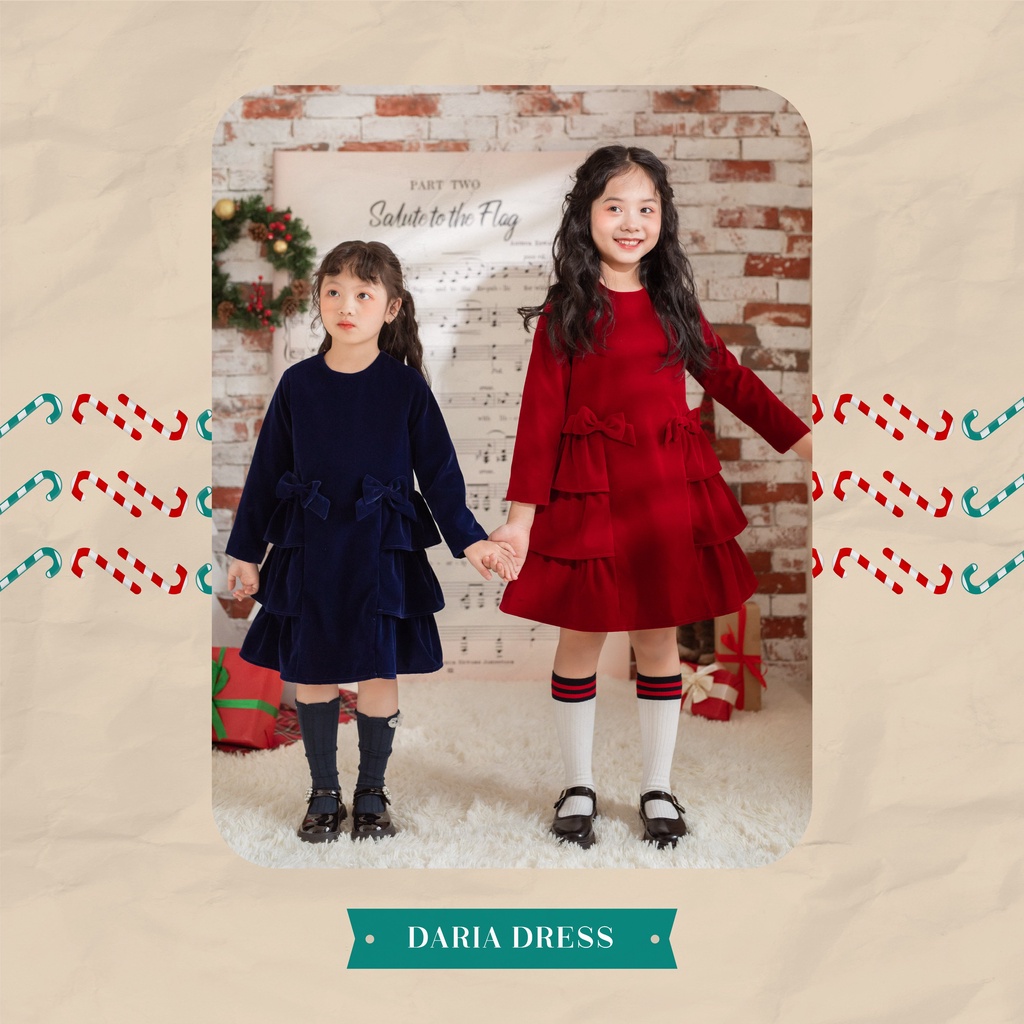 [LITTLE PINK] DARIA DRESS - Váy nhung burdanh nhún tầng bé gái