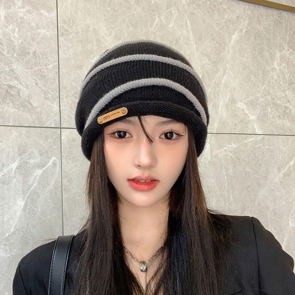 NICKOLAS Mũ Len Trùm Đầu Chống Gió Ấm Áp Họa Tiết Sọc Ngang Ngọt Ngào Cho Nữ