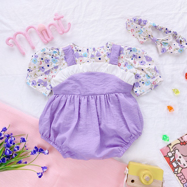 Set Đồ Sơ Sinh, Bodysuit, Body Chip Giả Yếm Hoa Tím Kèm Băng Đô Bé Gái Size Từ 0 - 24 Tháng Tuổi MINTSCLOSET - BS6057