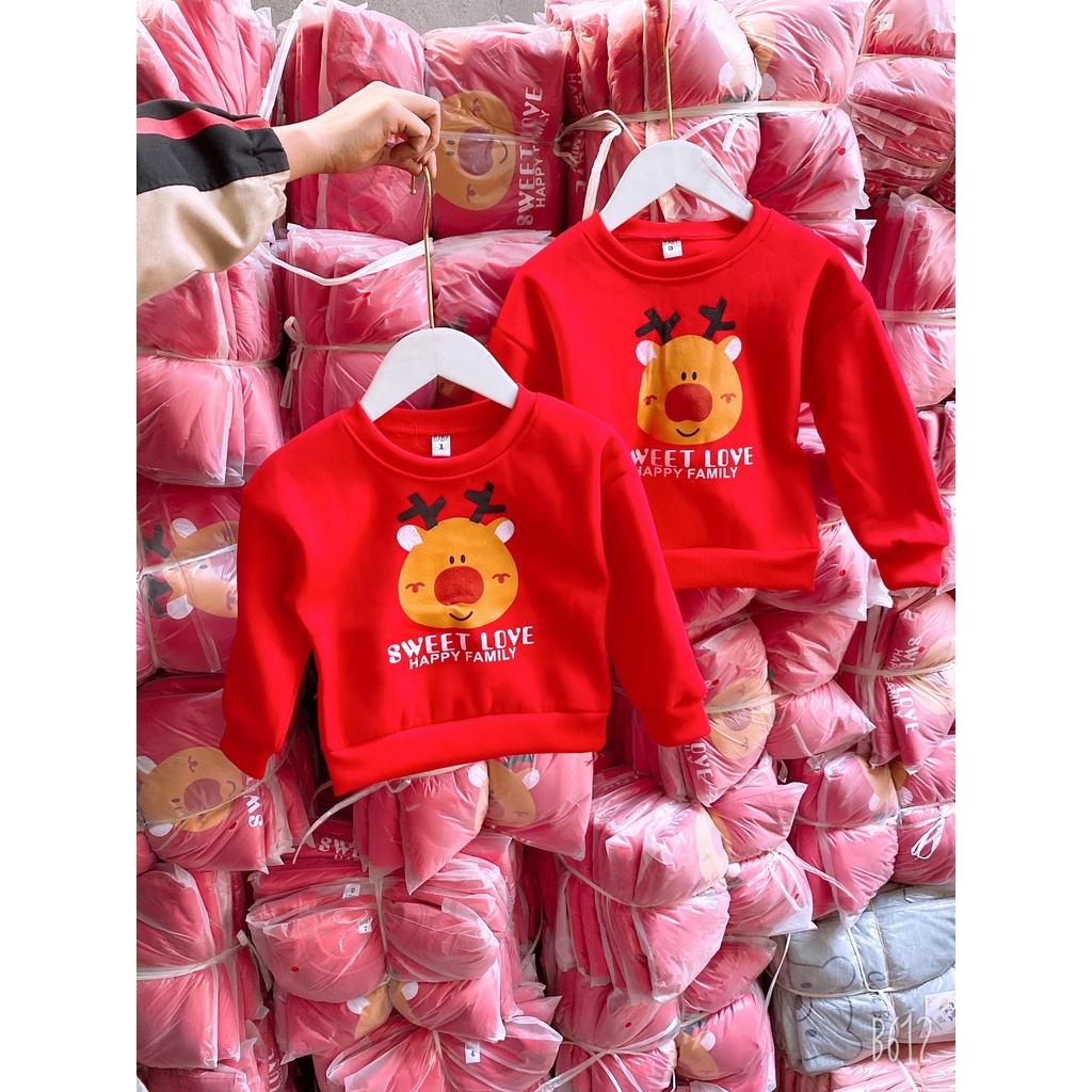 Áo nỉ bông cho bé, áo nỉ đỏ Noel ấm áp hình tuần lộc cho bé trai bé gái