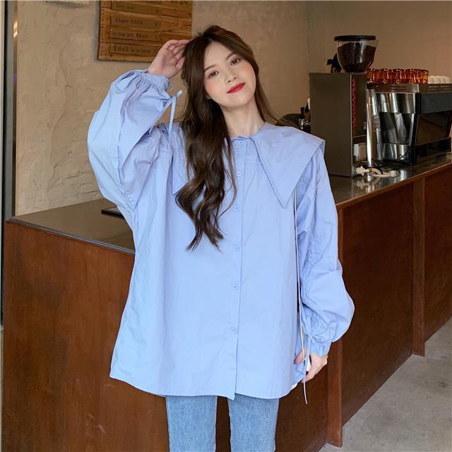 Áo Sơ Mi Nữ Tay Dài Cổ Thủy Thủ Màu Trơn Thời Trang