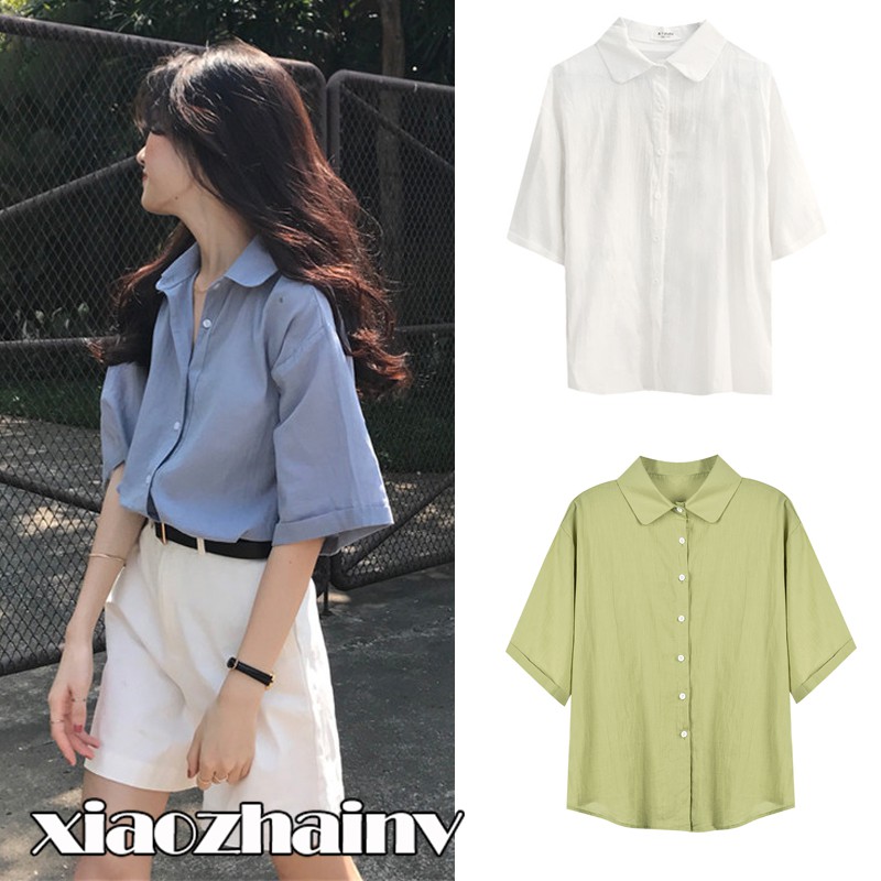 Áo sơ mi nữ tay ngắn màu trơn kiểu dáng Hàn Quốc