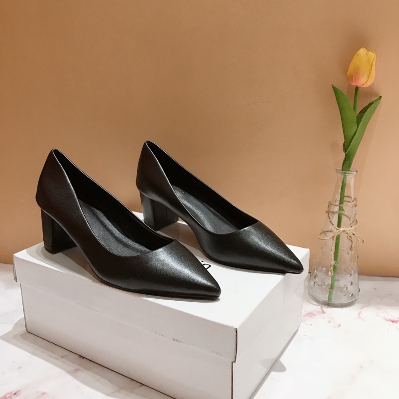 Giày cao gót vuông 6cm mũi nhọn da thật - giày nữ công sở da thật gót vuông