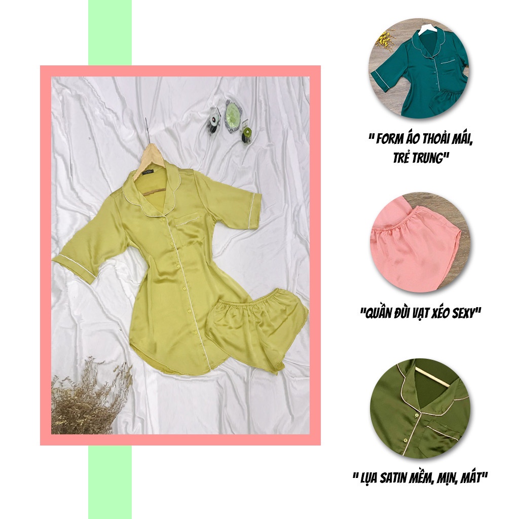 Đồ bộ mặc nhà SBORG bộ ngủ nữ lụa satin cao cấp áo dấu quần quyến rũ tay lửng phối quần đùi ren sexy freesize dưới 62kg | BigBuy360 - bigbuy360.vn