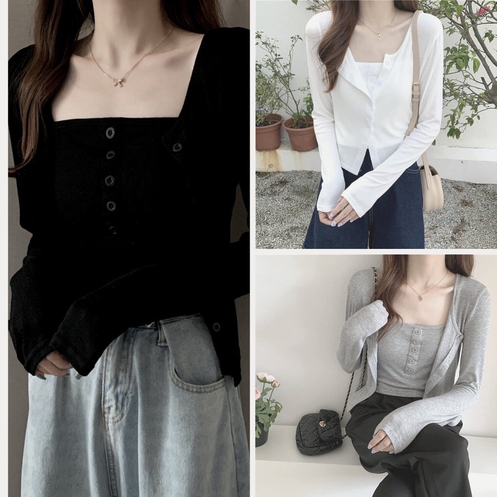 Set áo TRỤ khoác cardigan len dài tay và áo hai dây 3 màu trắng, đen, xám, chất vải mềm mịn 002