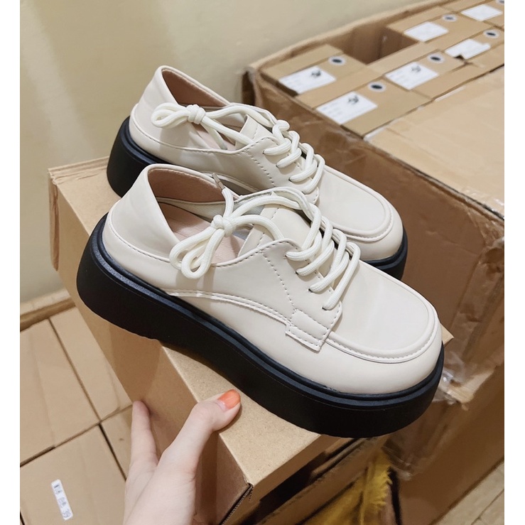 [Hàng sẵn⚡️Ảnh thật] Giày da độn đế 5cm phong cách Retro Pháp HRT250