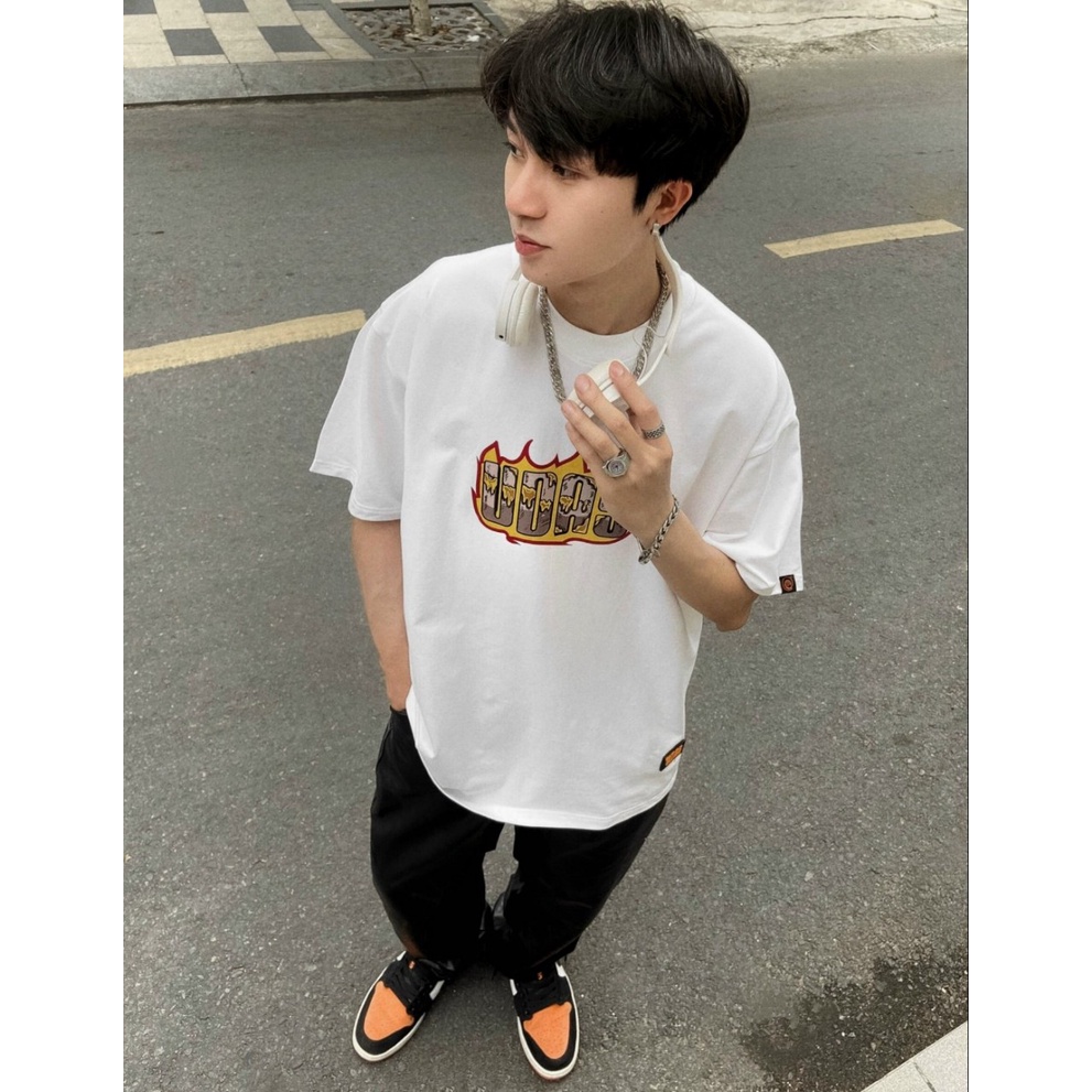 Áo thun tay lỡ UDAS phông Unisex nam nữ Cotton oversize form rộng SMILEY FLAME - Trắng | BigBuy360 - bigbuy360.vn